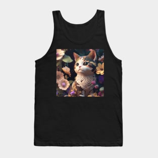 Cute Brown Kitten Flower Background | White, brown and red cat with blue eyes | Digital art Sticker Tank Top